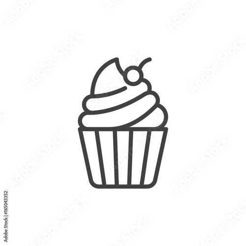 Cupcake with cherry on top line icon, outline vector sign, linear style pictogram isolated on white. Desert symbol, logo illustration. Editable stroke. Pixel perfect vector graphics
