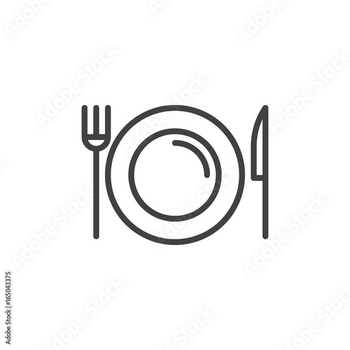 Dish, fork, knife line icon, outline vector sign, linear style pictogram isolated on white. Food symbol, logo illustration. Editable stroke. Pixel perfect vector graphics