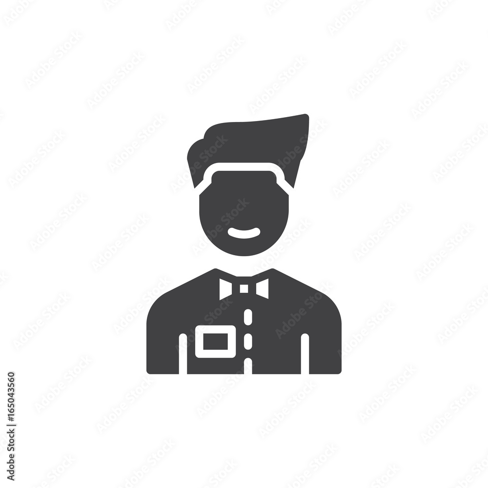 Person with bow tie icon vector, filled flat sign, solid pictogram isolated on white. Waiter symbol, logo illustration. Pixel perfect vector graphics Person with bow tie icon vector, filled flat sign, solid pictogram isolated on white. Waiter symbol, logo illustration. Pixel perfect vector graphics