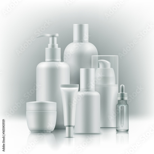 Realistic cosmetic mockup. Packages for cosmetic product. Blank templates of containers vial with dropper, bottle for shower gel, lotion, shampoo with pump dispenser, jar, tube for cream.