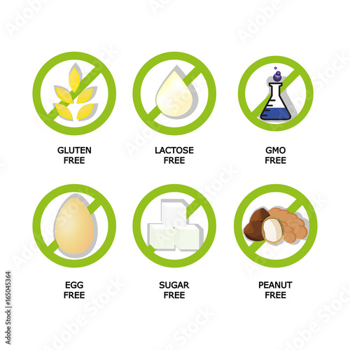 Set of food dietary labels for GMO free, sugar free and allergen free products. EPS 10. CMYK