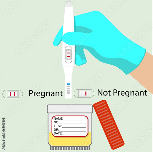Woman holding in hand positive pregnancy test with two red stripes. Positive result. Checking pregnancy test. Vector illustration flat design. Isolated on background.