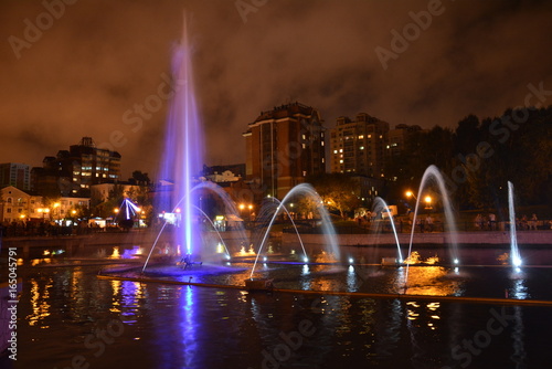 Night city, color fountain, night landscape, water, fountains, lights, buildings, night, pond, lake, backlight, night city, night sky,