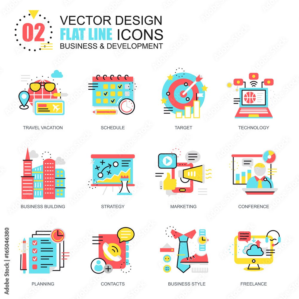 Flat line business and development icons concepts set for website and mobile site and apps. Marketing tactics, planning working goals. New style flat simple pictogram pack. Vector illustration.