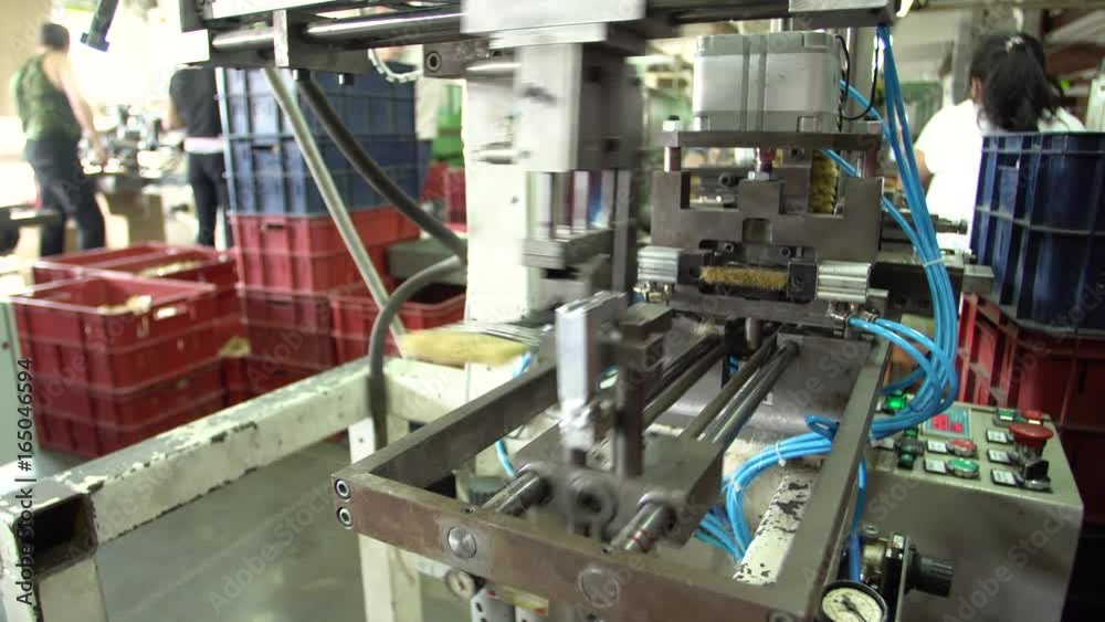 Brush conveyor in a small factory close-up 4k. Brush conveyor in a small factory close-up 4k.