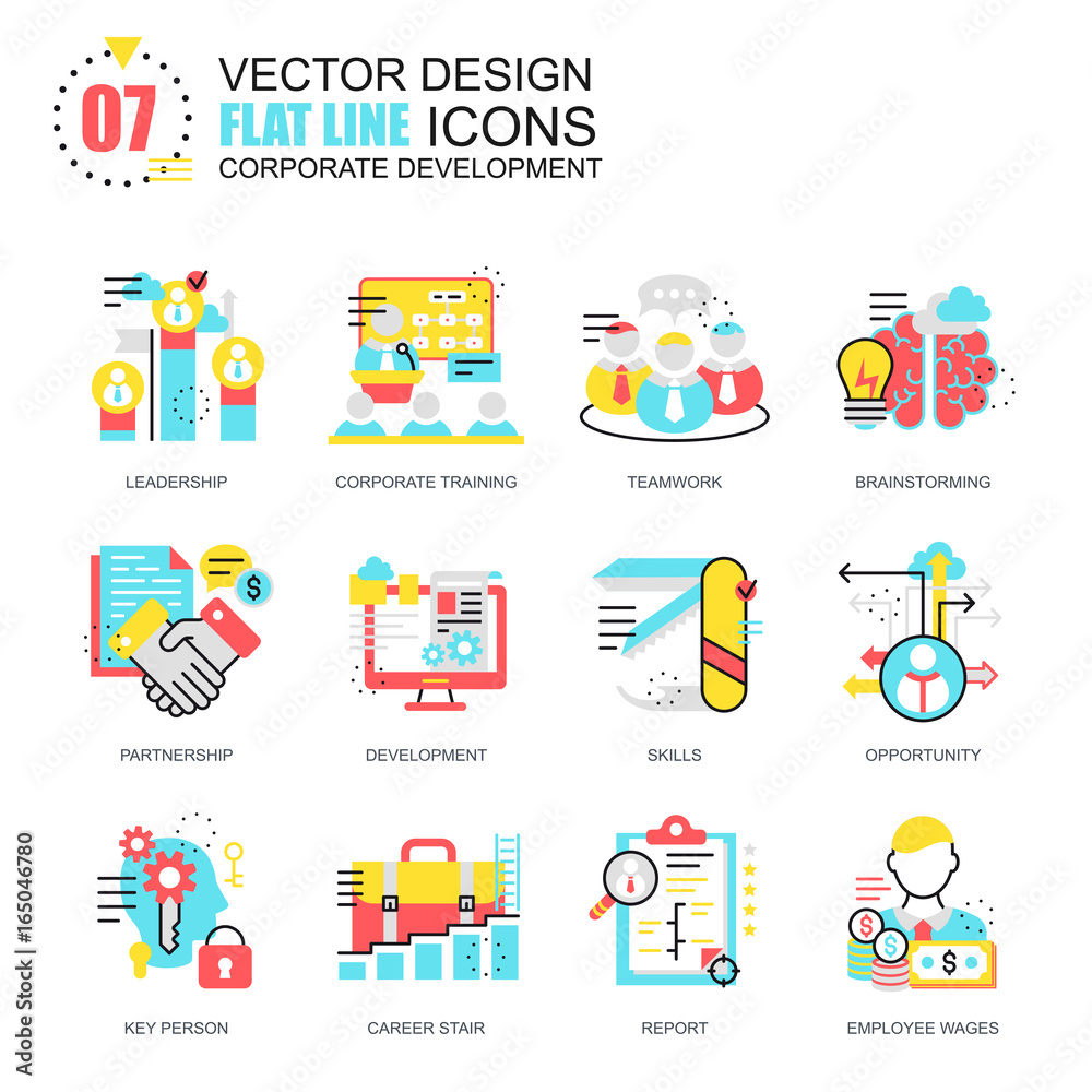 Flat line corporate development icons concepts set for website and mobile site and apps. Leadership skills, team training, business career. New style flat simple pictogram pack. Vector illustration.