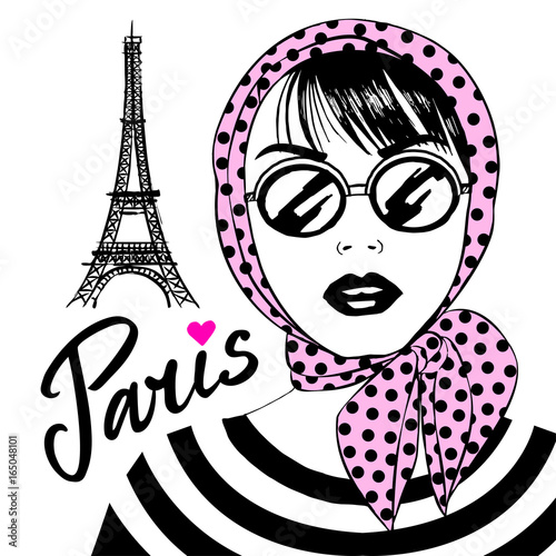 Beautiful girl in sunglasses with symbol France-Eiffel tower. Fashion young woman and French capital Paris. Vector sketch illustration.