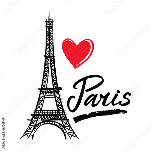 Symbol France-Eiffel tower, heart and word Paris. French capital Paris. Vector sketch illustration.