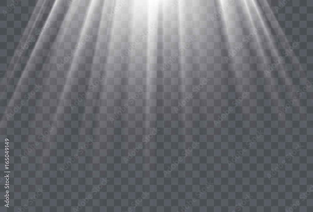 White sun rays and glow light effect on transparent background. Vector illustration.