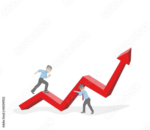 Line flat design vector illustration of businessman running up along arrow, concept for business success, career, reaching goals.
