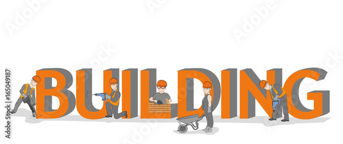 Sketch of working small people with a big word "building". Hand-drawn cartoon vector illustration of building design and infographics.
