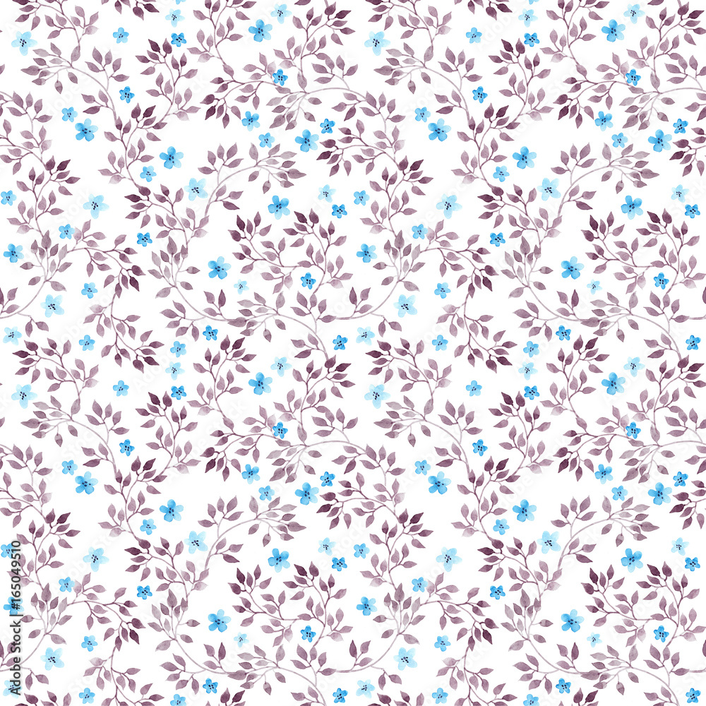 Cute ditsy flowers, leaves. Seamless floral template. Hand drawn watercolour on white background. Cute ditsy flowers, leaves. Seamless floral template. Hand drawn watercolour on white background.