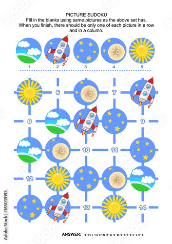 Picture sudoku puzzle 5x5 (one block) with spaceship, Earth, sun, moon and stars, space exploration themed. Answer included.
