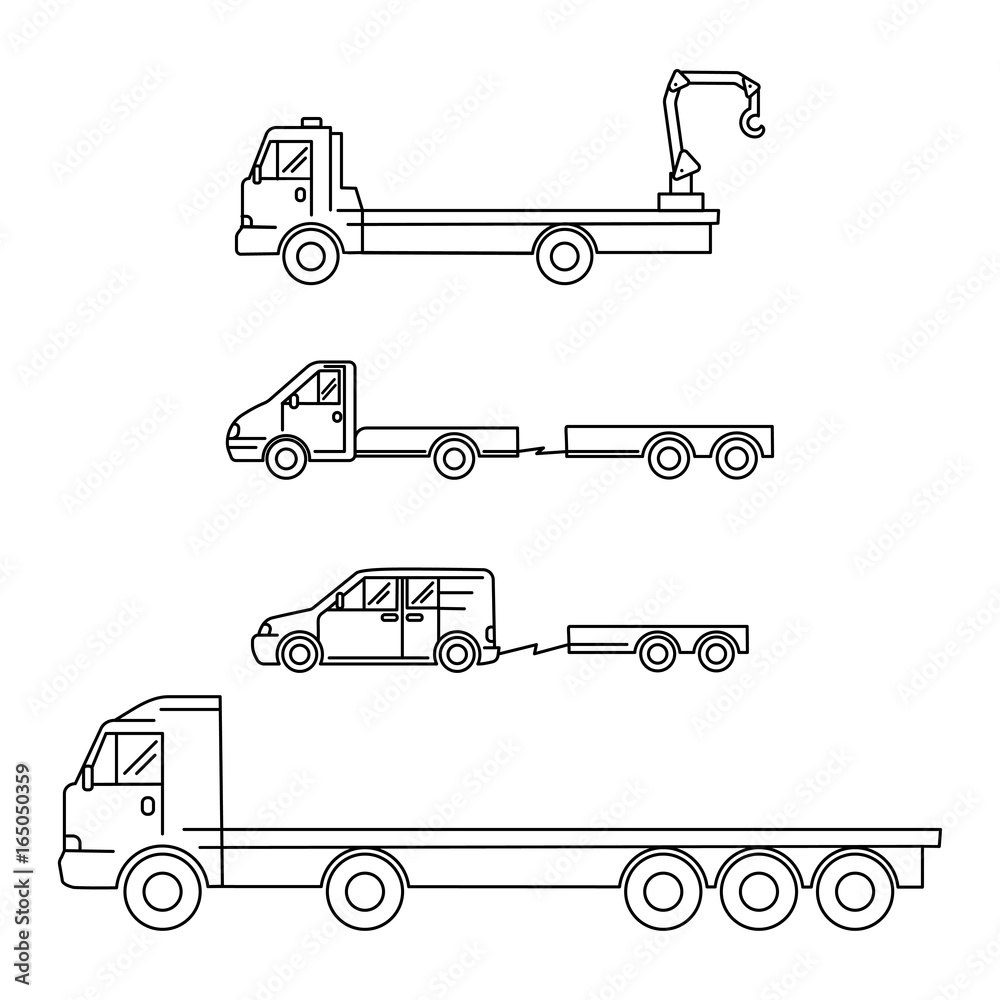 Line art transport icons set, vector illustration - truck, minivan, waggon, crane, trailer