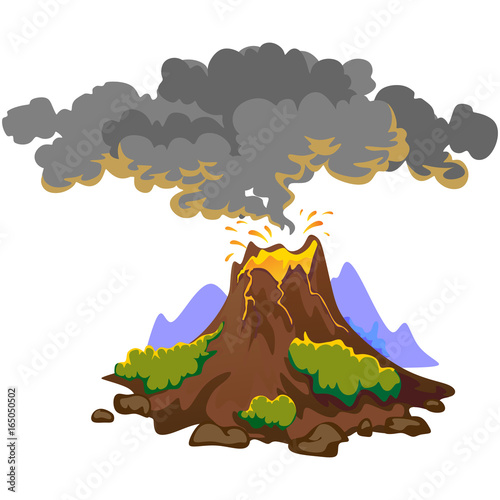 A set of volcanoes of varying degrees of eruption, a sleeping or awakening dangerous vulcan, salute from magma ashes and smoke fly out from volcano, lava flowing down the mountain vector illustration