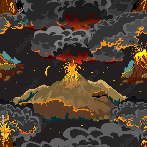 A set of volcanoes of varying degrees of eruption, a sleeping or awakening dangerous vulcan, salute from magma ashes and smoke fly out from volcano, lava flowing down the mountain vector illustration