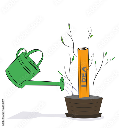 Watering can is watering a yellow pencil idea. Hand-drawn cartoon vector illustration for business design and infographics.