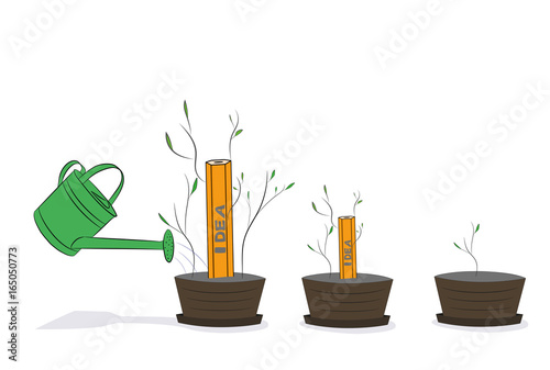Watering can is watering a yellow pencil idea. Hand-drawn cartoon vector illustration for business design and infographics.