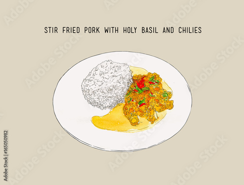 stir-fried pork and holy basil, Thai food , hand drawn water coloring sketch vector.