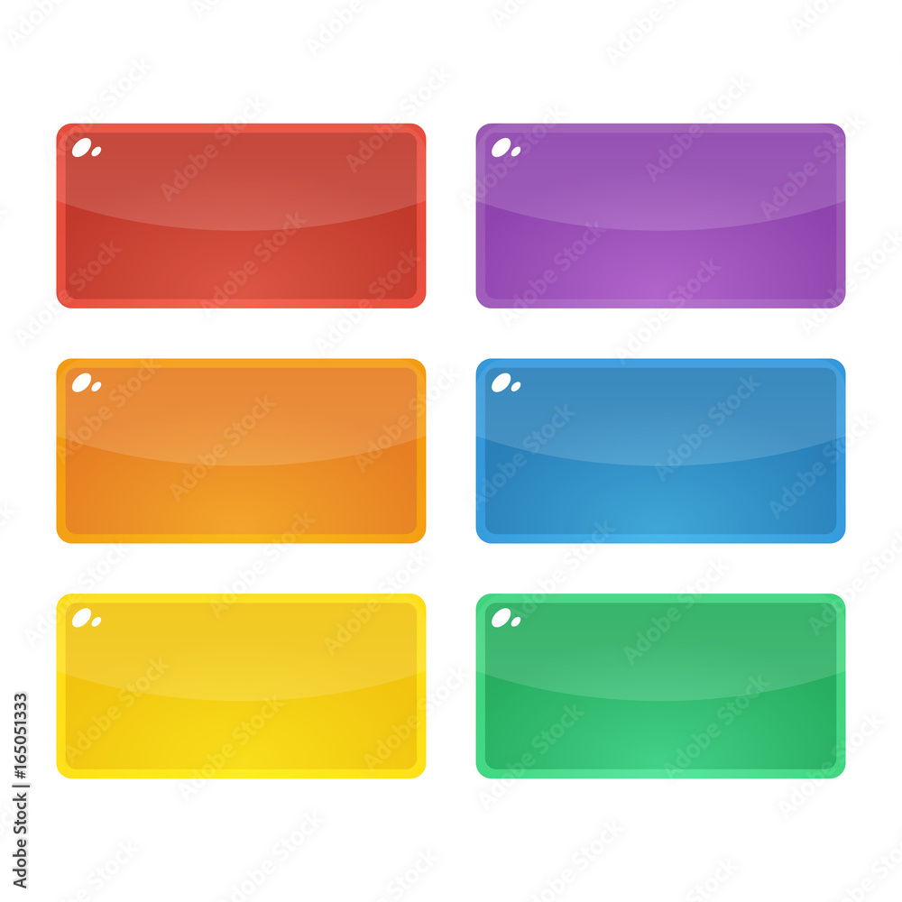 Set of six colorful rounded rectangle glossy buttons. Vector assets for web or game design, app icons vector template isolated on white background. Set of six colorful rounded rectangle glossy buttons. Vector assets for web or game design, app icons vector template isolated on white background.