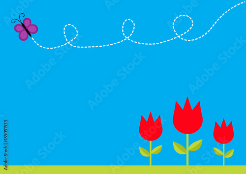 Fototapeta Naklejka Na Ścianę i Meble -  Three red tulip flower set with leaf and flying butterfly insect. Dash line loop. Floral plant decoration element. Flat design. Blue sky background. Isolated.