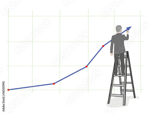Businessman draws a growth chart standing on the stairs. vector illustration.