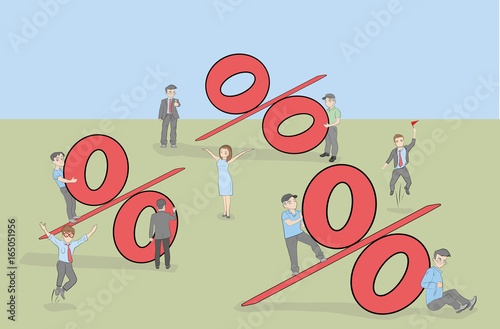 Sketch of working little people with big percent sign. Doodle cute miniature scene of workers and financial symbol. Hand drawn cartoon vector illustration for business design. 