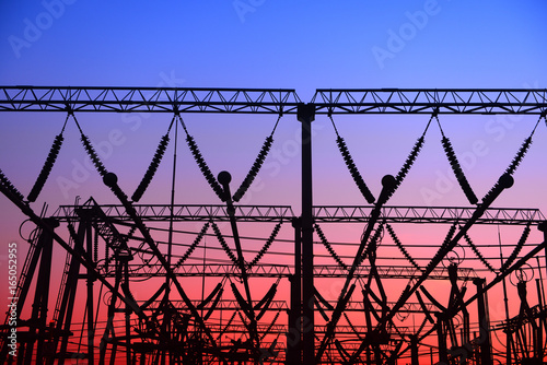 High voltage substation  in the setting sun setting