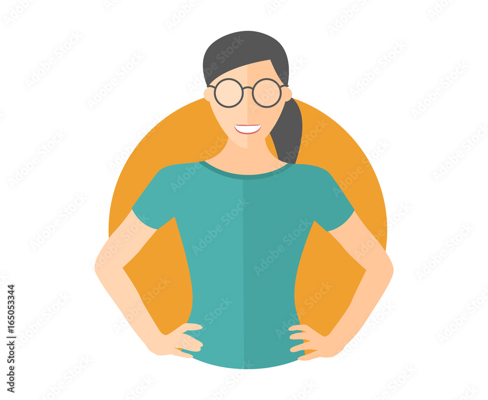 Confident pretty girl in glasses. Flat design icon. Woman with arms akimbo. Simply editable isolated vector illustration Confident pretty girl in glasses. Flat design icon. Woman with arms akimbo. Simply editable isolated vector illustration