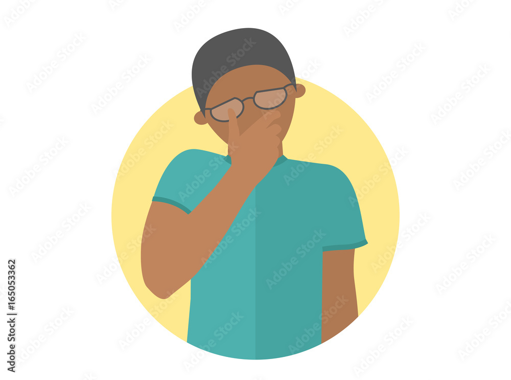 Sad, crying, depressed black boy in glasses. Flat design icon. Handsome man in grief, sorrow, trouble. Simply editable isolated on white vector sign Sad, crying, depressed black boy in glasses. Flat design icon. Handsome man in grief, sorrow, trouble. Simply editable isolated on white vector sign
