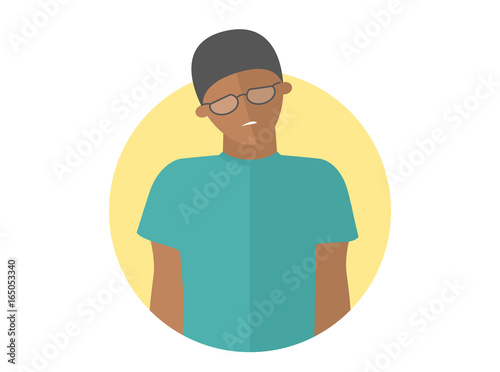 Weak, sad, depressed black boy in glasses. Flat design icon. Handsome man with feeble depression emotion. Simply editable isolated on white vector sign