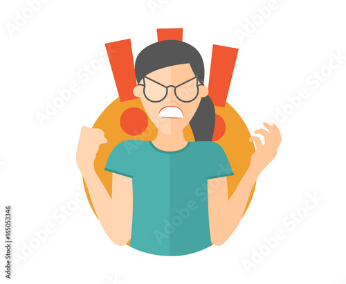 Fury girl in glasses. Woman in rage, wrath, rampage. Flat design icon. Simply editable isolated vector illustration