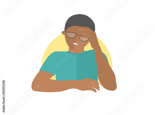 Handsome black man in glasses depressed, sad, weak. Flat design icon. Boy with feeble depression emotion. Simply editable isolated on white vector sign