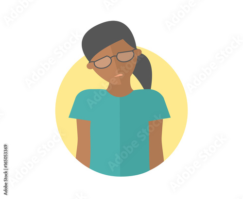 Weak, sad, depressed black girl in glasses. Flat design icon. Pretty woman with feeble depression emotion. Simply editable isolated on white vector sign