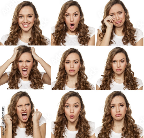 collage with different emotions in one young woman photo