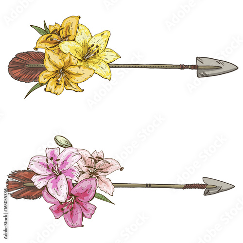 Two arrows with colorful flowers lilies isolated on white background. Vector illustration.