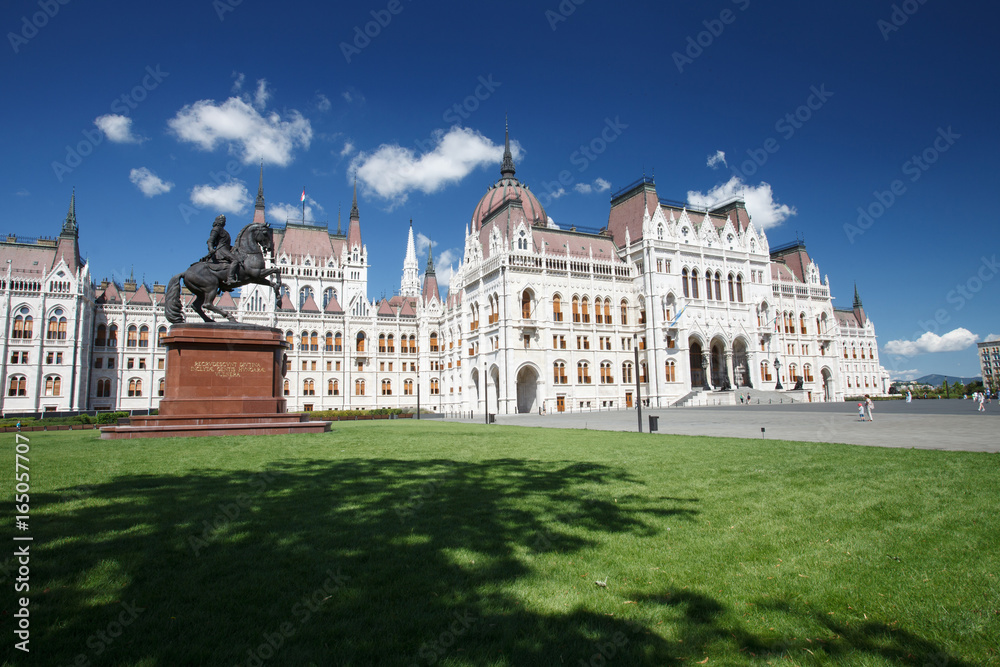 beautiful building of Hungary - Parliament in Budapest and the statue of Francis II Rakoczi. 