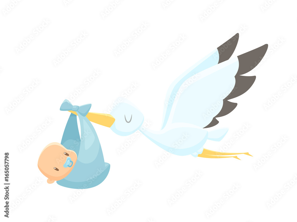 Cartoon stork carrying baby vector illustration Stock Vector | Adobe Stock