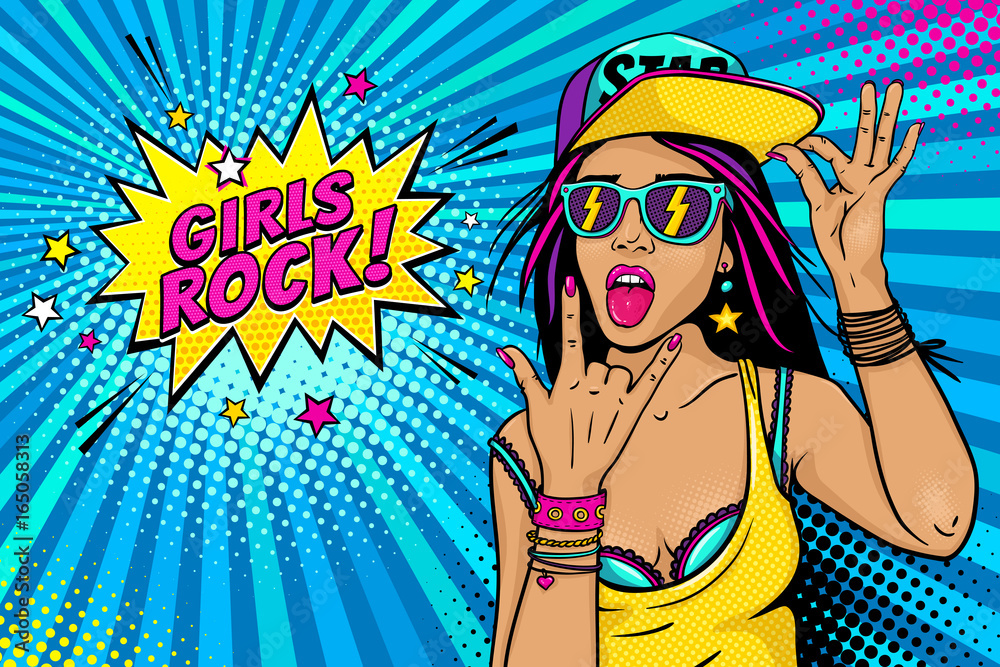 Vecteur Stock Sexy young girl in baseball cap, glasses with flash, hand  with rock n roll sign and open mouth with tongue and Girls Rock speech  bubble. Vector bright illustration in retro