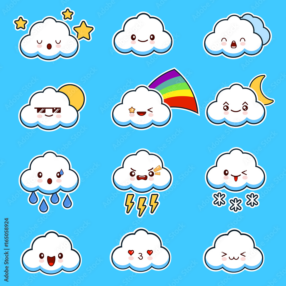 Cute smily clouds with faces vector set kawaii. Isolated on blue background. Vector illustration Cute smily clouds with faces vector set kawaii. Isolated on blue background. Vector illustration
