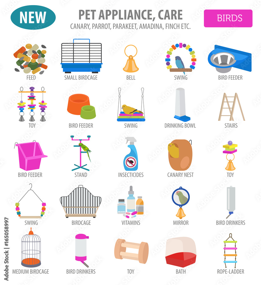 Naklejka premium Pet appliance icon set flat style isolated on white. Birds care collection. Create own infographic about parrot, parakeet, canary, thrush, finch, jay bird, starling, amadina, siskin, toucan, bunting