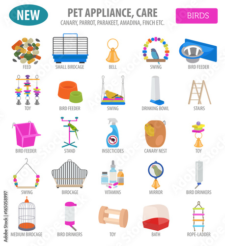 Pet appliance icon set flat style isolated on white. Birds care collection. Create own infographic about parrot, parakeet, canary, thrush, finch, jay bird, starling, amadina, siskin,  toucan, bunting