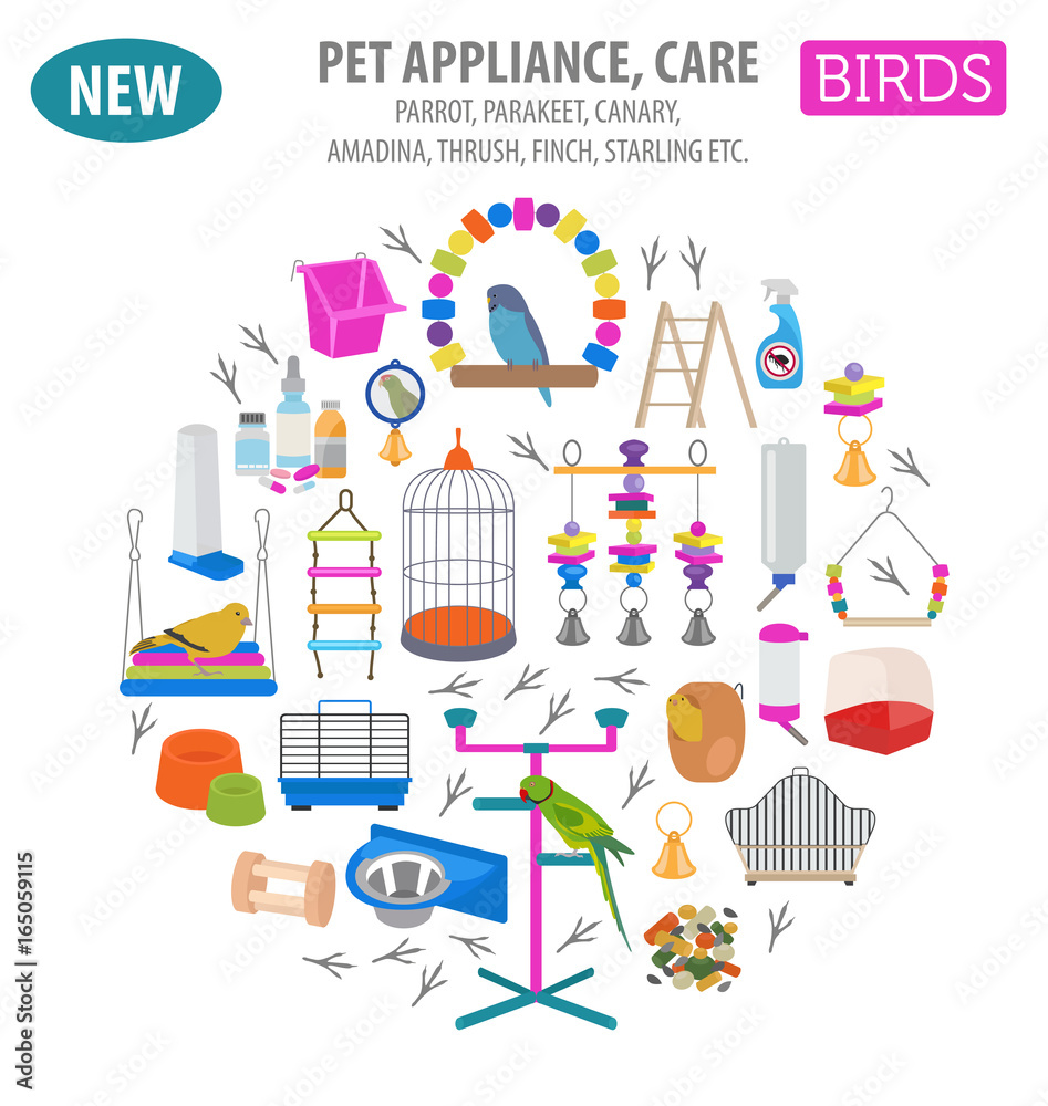 Naklejka premium Pet appliance icon set flat style isolated on white. Birds care collection. Create own infographic about parrot, parakeet, canary, thrush, finch, jay bird, starling, amadina, siskin, toucan, bunting