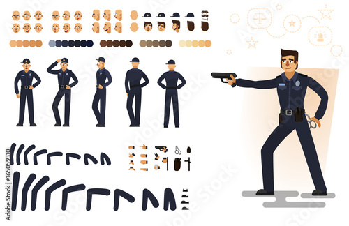 Stylized policeman, flat vector illustration. Set of different elements, emotions, gestures, body parts for character animation, isolated on white background.