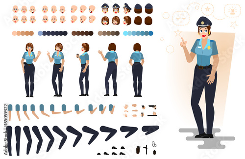 Stylized police girl, flat vector illustration. Set of different elements, emotions, gestures, body parts for character animation, isolated on white background.