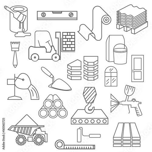 Construction and finishing materials icon set. Thin line design isolated on white. Create your industrial infographics collection