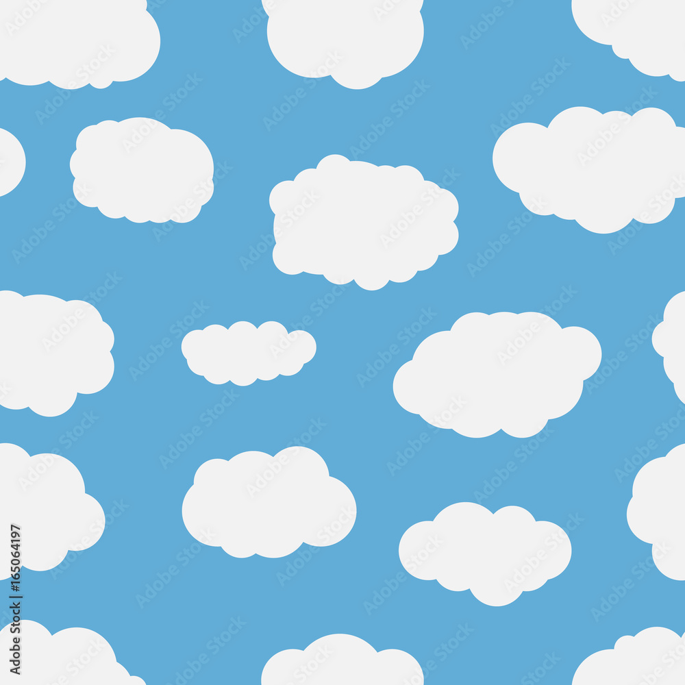 Seamless background with blue sky and white cartoon clouds. Vector illustration.
