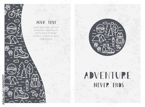 Set of outdoor card backgrounds with linear hiking icons and hand drawn lettering text. Line art travel concept for banners, invitations, posters and greeting cards design. Vector templates.