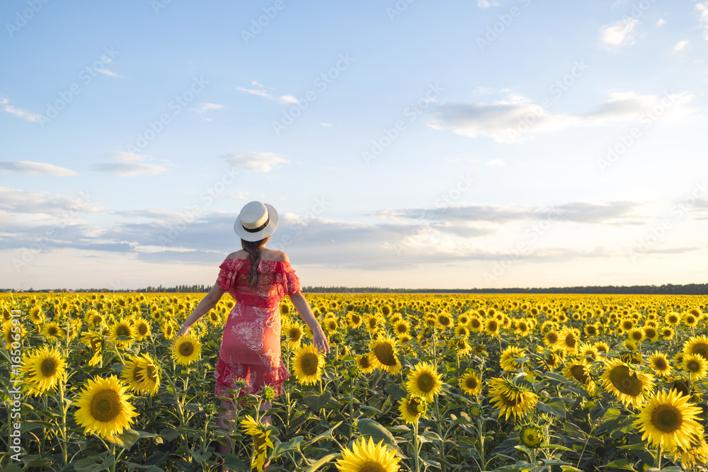 Sunflower on in the field and a young girl in a red dress 