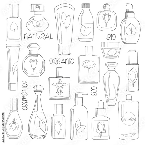 Set of cosmetics. Natural, eco, bio cosmetics isolated on white background.Vector illustration of a sketch style.